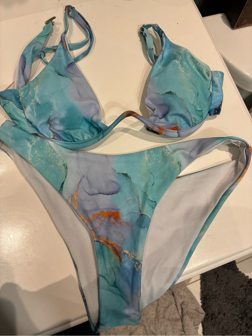 Amazon Marble Print Bikini Set in Turquoise, Blue and Orange